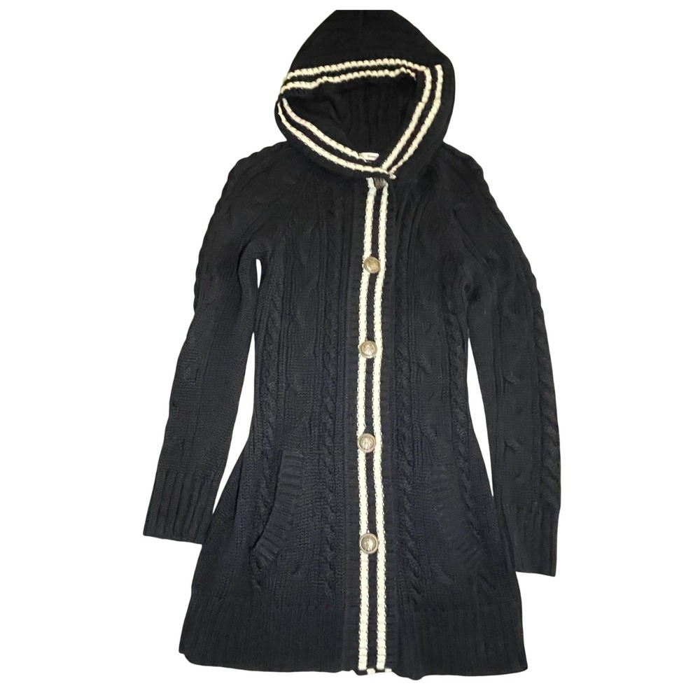 Bossini Womens Navy Blue Cable Knit Hooded Long Cardigan Sweater Wool Blend‎ S